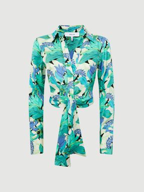 Floral Print Tie Front Cropped Blouse in Aquamarine