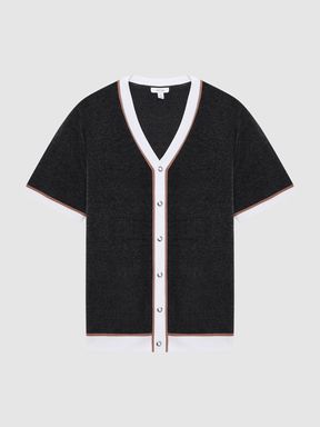Chenille Press Stud V-Neck Shirt in Black