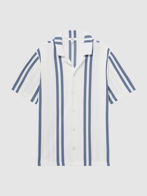 Ribbed Striped Cuban Collar Shirt in White/Air Force Blue
