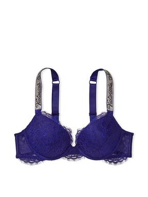 Night Ocean Blue Lace Shine Strap Push Up Bra