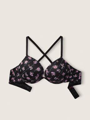 Pure Black Logo Floral Add 2 Cups Smooth Push Up T-Shirt Bra