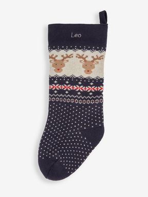 Navy Personalised Blue Reindeer Knitted Stocking