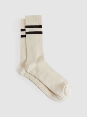 Wool Blend Striped Crew Socks in Ecru