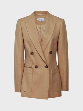 Double Breasted Twill Blazer in Camel