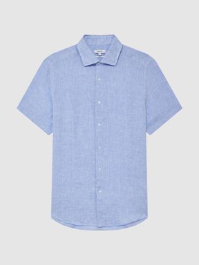 Slim Fit Linen Button-Through Shirt in Soft Blue
