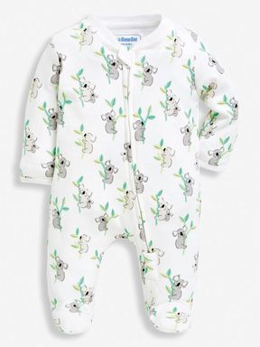 White Koala Print Zip Cotton Baby Sleepsuit