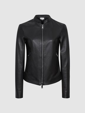 Leather Collarless Biker Jacket in Black
