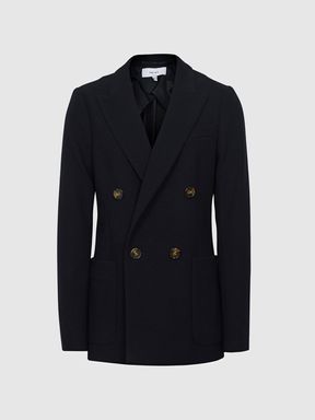 Double Breasted Wool Blend Suit Blazer in Navy