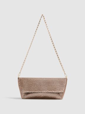 Bead Embellished Chain Strap Clutch in Bronze