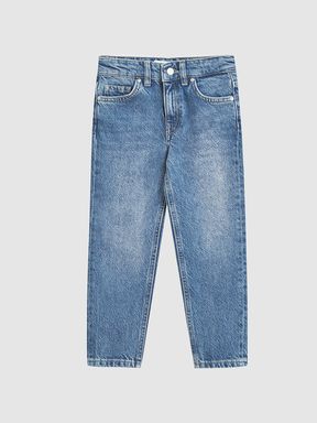 Junior Stonewash Tapered Slim Fit Jeans in Mid Blue