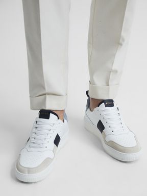 Mid Top Leather Trainers in White/Blue Mix