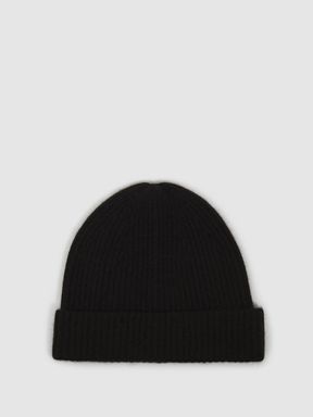 Cashmere Ribbed Beanie Hat in Black