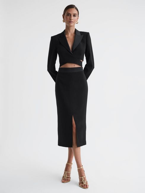 Satin Cropped Tux Top in Black - REISS