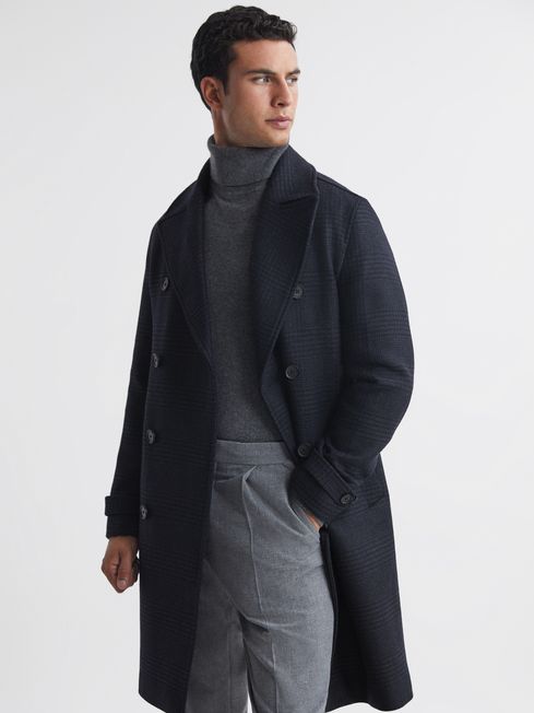 Wool Check Double Breasted Coat in Navy - REISS