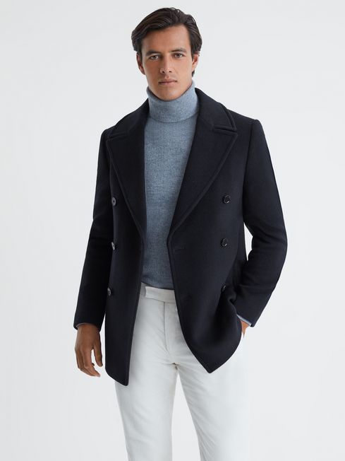 Wool Blend Double Breasted Peacoat in Light Navy - REISS