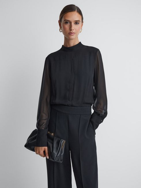 Sheer Fitted Jumpsuit in Black - REISS