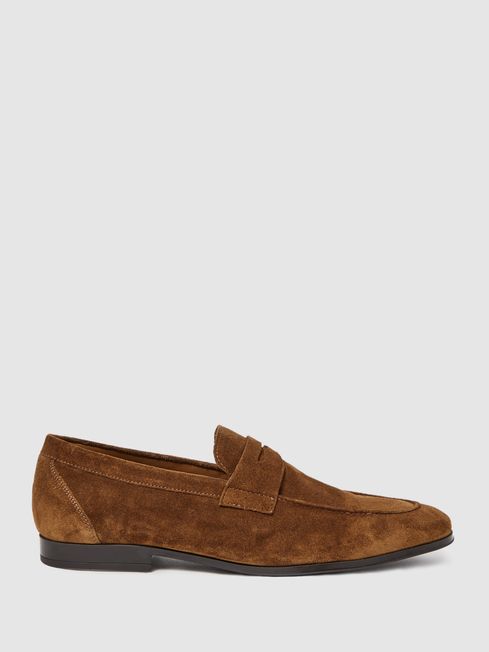 Suede Slip On Loafers in Tan - REISS