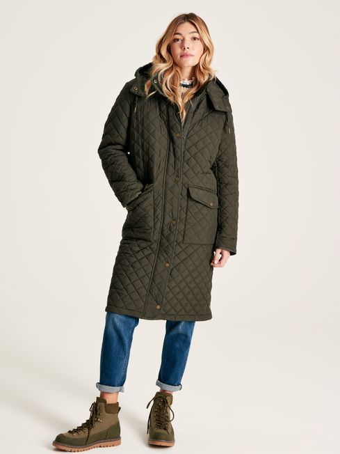 Buy Chatsworth Green Showerproof Long Diamond Quilted Coat With Hood ...