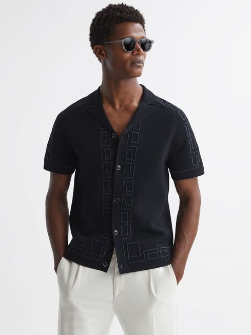 Embroidered Cuban Collar Shirt in Navy - REISS