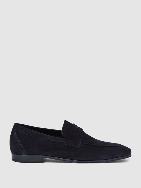 Suede Slip On Loafers in Navy - REISS