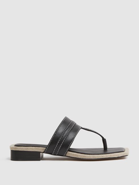 Leather Strap Thong Sandals in Black - REISS