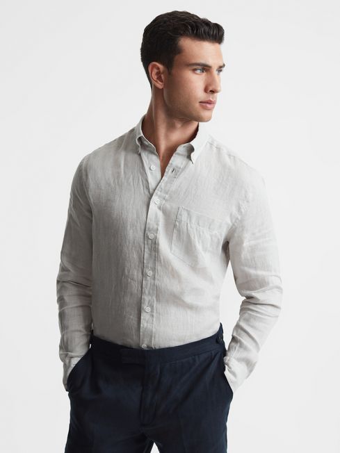 Slim Fit Full Sleeve Linen Button-Down Shirt in Stone - REISS