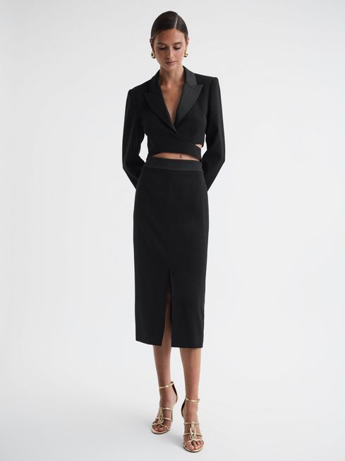 Satin Fitted Midi Skirt in Black - REISS