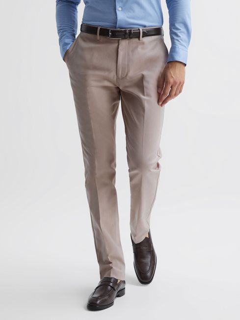 Slim Fit Cotton Blend Chinos in Stone - REISS