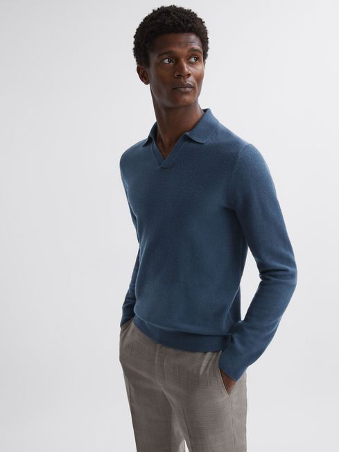 Merino Wool Open Collar Top in Petrol Blue - REISS