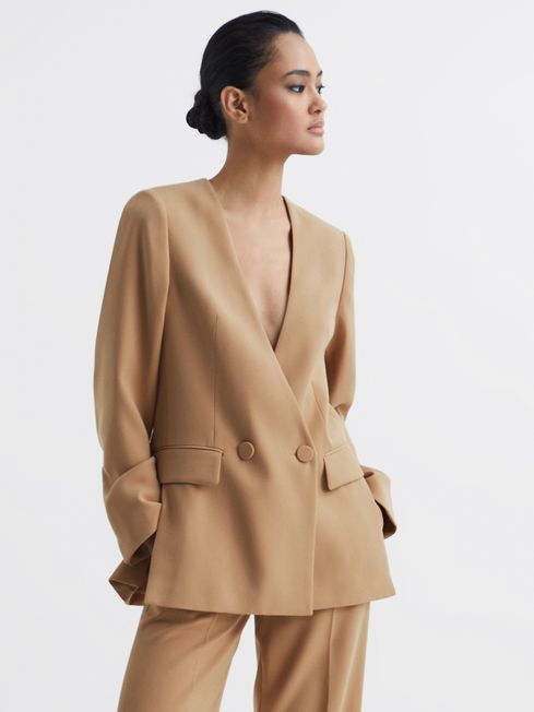 Collarless Double Breasted Suit Blazer in Neutral REISS