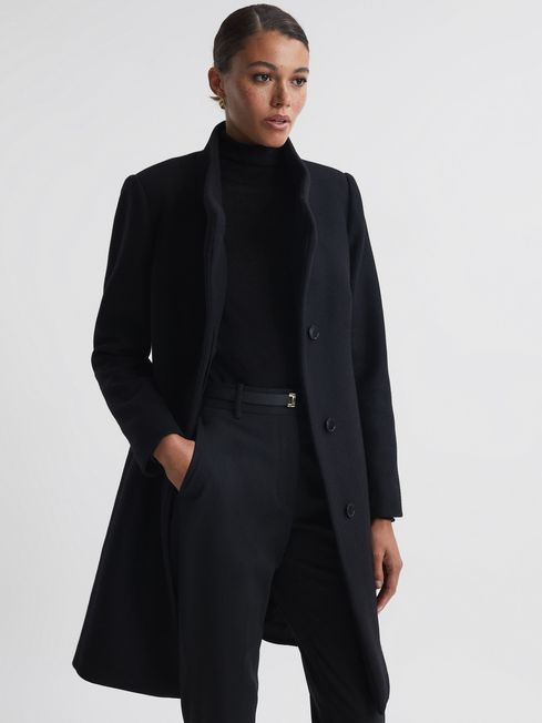 Petite Wool Blend Mid-Length Coat in Black - REISS
