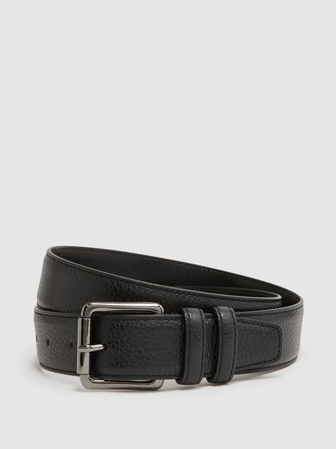 Grained Leather Belt in Black - REISS