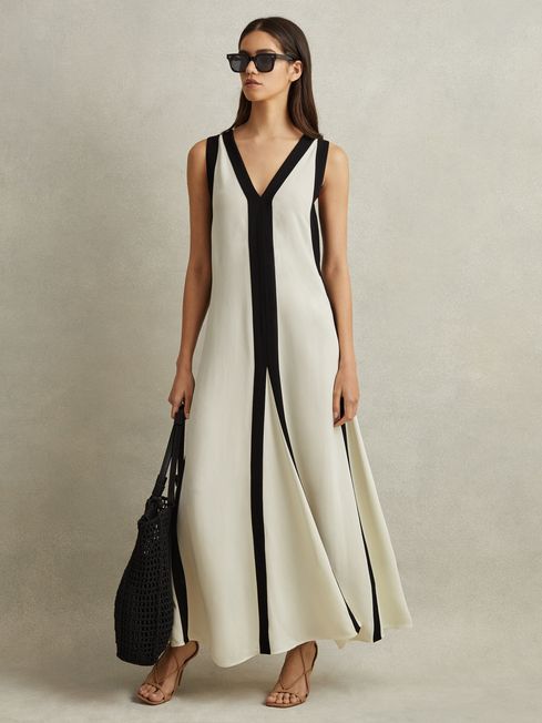 Colourblock Maxi Dress in Black/Cream - REISS