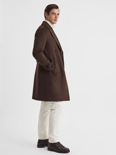 Wool Blend Double Breasted Coat in Mahogany - REISS