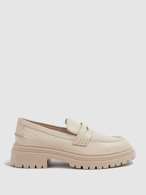 Leather Chunky Cleated Loafers in Ecru - REISS