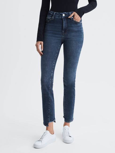 Good American High Rise Distressed Skinny Fit Jeans in Indigo - REISS