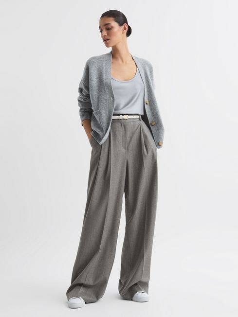 Petite Wool Blend Pinstripe Wide Leg Trousers in Grey - REISS