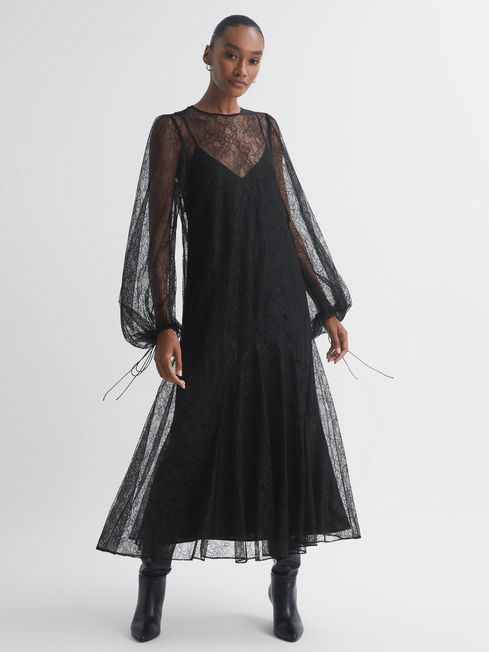 Florere Lace Midi Dress in Black - REISS
