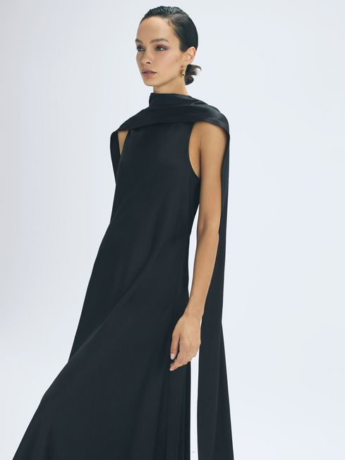 Atelier Duchess Satin Cape Maxi Dress in Black - REISS
