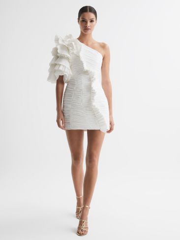 Off-Shoulder Ruffled Mini Dress in Ivory