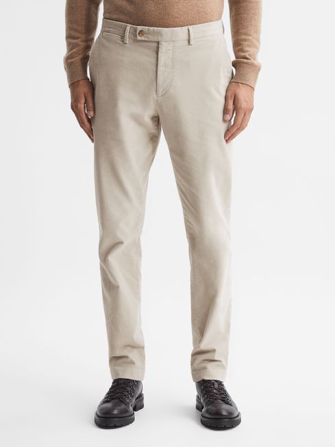 Slim Fit Brushed Cotton Trousers in Oatmeal - REISS