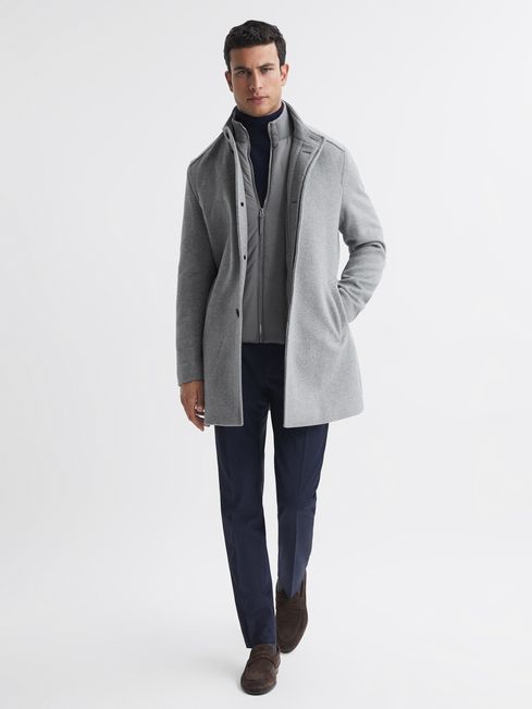 Wool Removable Insert Longline Coat in Grey - REISS