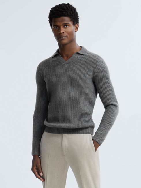Atelier Cashmere Ribbed Open-Collar Top in Charcoal Melange - REISS