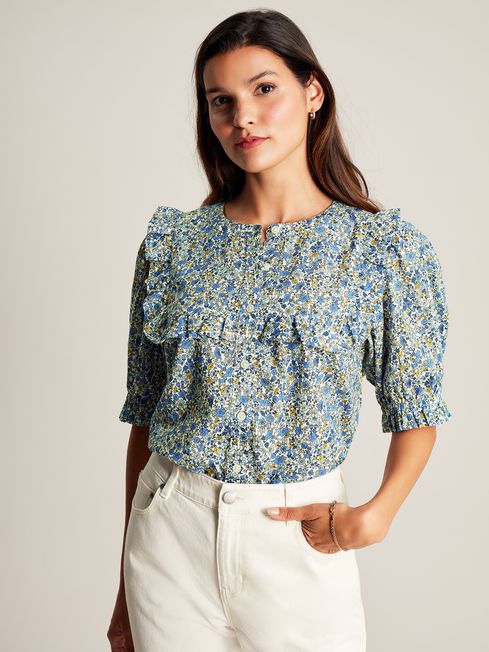 Buy Clarabelle Blue Ditsy Blouse with Frilled Bib from the Joules ...