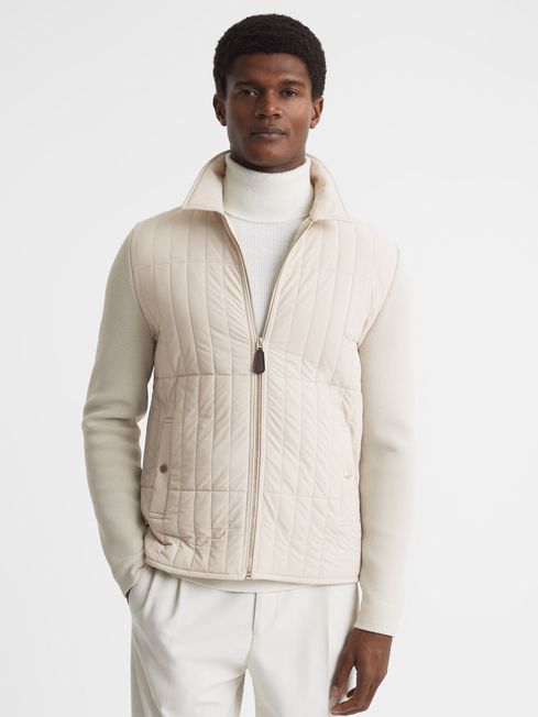 Hybrid Knit and Quilt Jacket in Stone - REISS