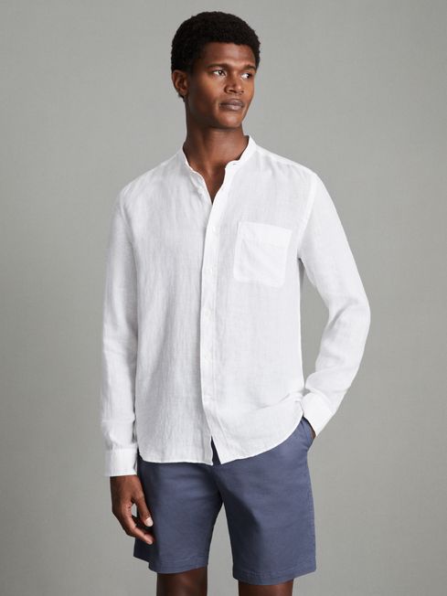 Linen Grandad Collar Shirt in White - REISS