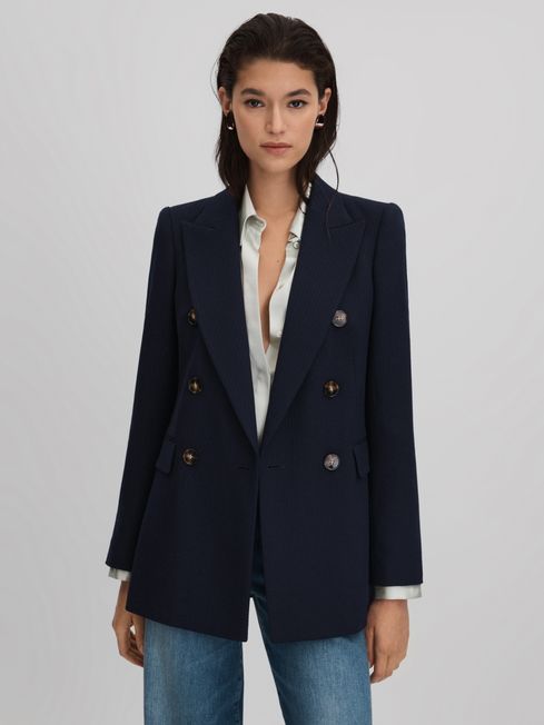 Tailored Textured Wool Blend Double Breasted Blazer in Navy - REISS