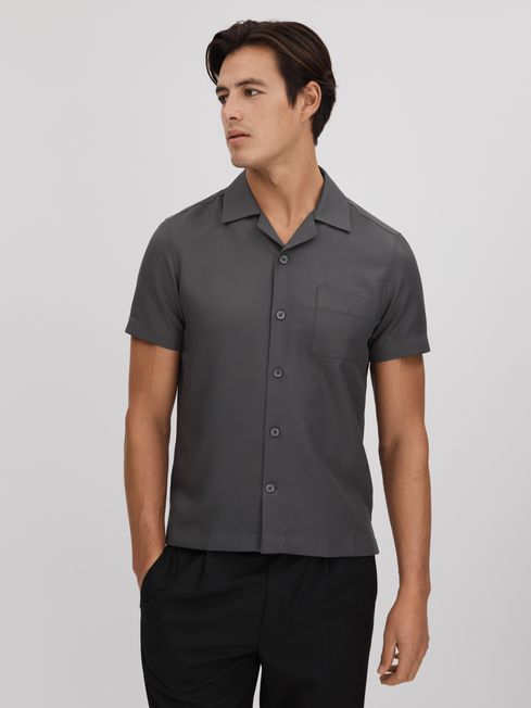Cuban Collar Button-Through Shirt in Charcoal - REISS
