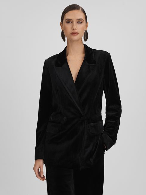 Good American Velvet Double Breasted Suit Blazer in Black - REISS