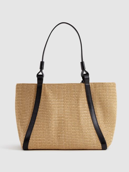 Raffia Leather Strap Tote Bag in Natural - REISS